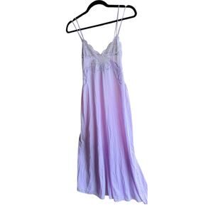 Vintage80s Pollinaise Satin Slip Maxi Dress Lilac Purple Lace Made in USA Small